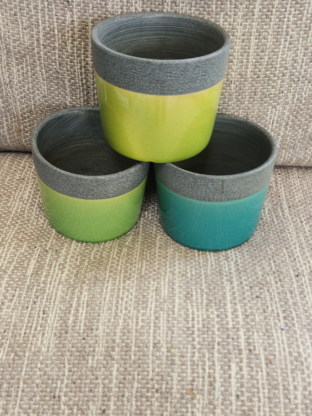Set of 3 Textured Ceramic Planters  Lime,Teal,Yellow. They have hole drainage.